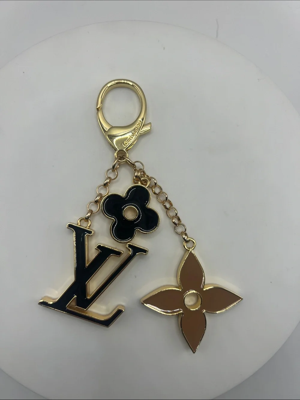1400. Black & Tan Enamel Charm Bag Chain with Gold Hardware